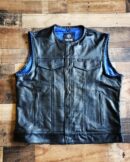 BLACK LEATHER VEST WITH BLUE WEAVING AND BLUE STITCHING