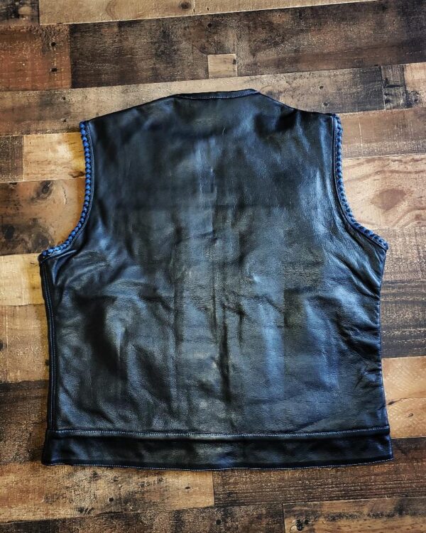 BLACK LEATHER VEST WITH BLUE WEAVING AND BLUE STITCHING - Image 2